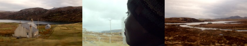 A triptych of photos from Isle of Harris showing, from left to right, a dilapidated wood frame house in a dry landscape, a woman's face as she looks out the window, a tiny house in the background at the edge of the water in a copper coloured landscape