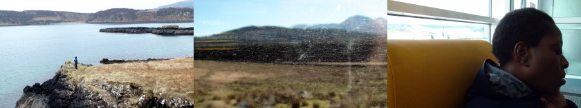 A triptych of photos shows, from left to right, a small figure stands at the edge of a cliff beside a body of water, the smudged window looking out on a mountain landscape, a woman's head turned to the side sits on an airport bench.