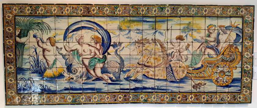 Painted tile mural with gods, goddesses and chariots