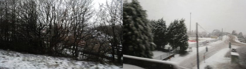A diptych of two photos shows, from left to right, a snowy scene with bare trees, a deserted snowy road lined with evergreen trees.