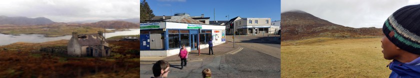 Photo triptych with on the right, an abandoned house by a river, central image shows a woman holding white stick outside a corner shop in a rural town, image on right shows same woman in wool cap looking towards a dry mountaintop covered in mist