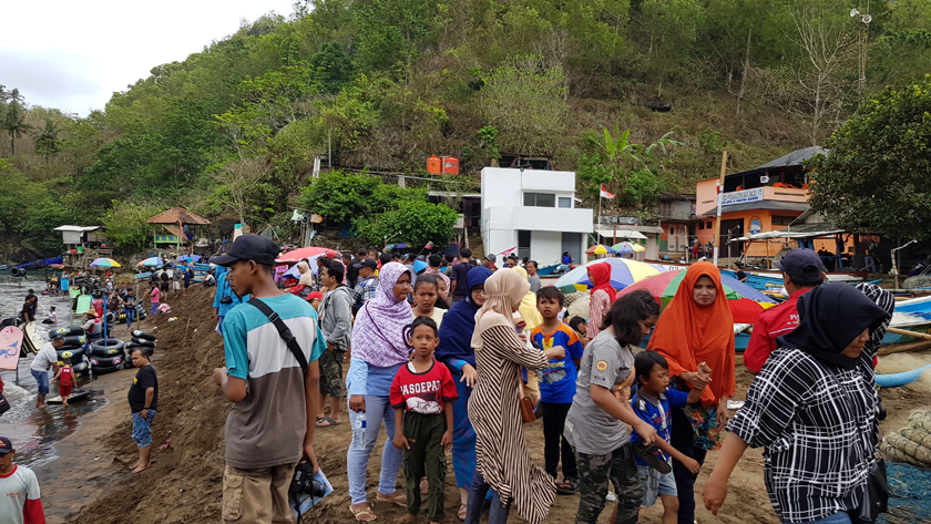 Crowd of people at the edge of the shore with a woody mountain in the distance