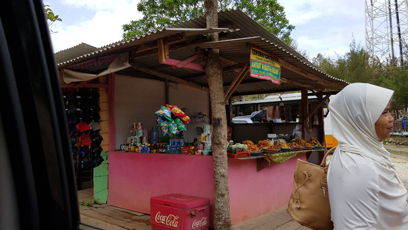 Roadside food stall displaying fried fish with a woman passing in front.