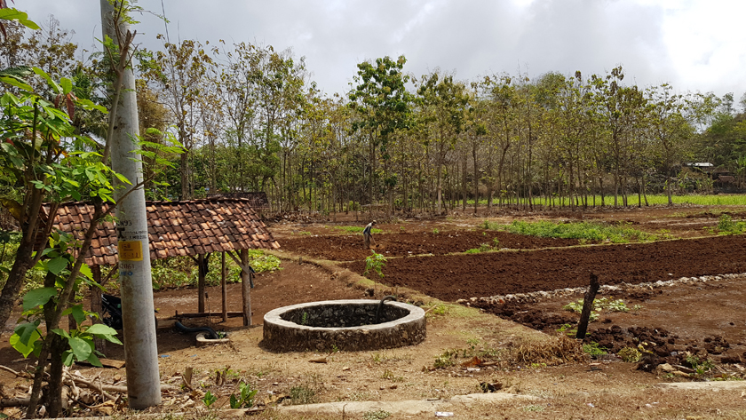 A farmer works ploughed land in rural landscape