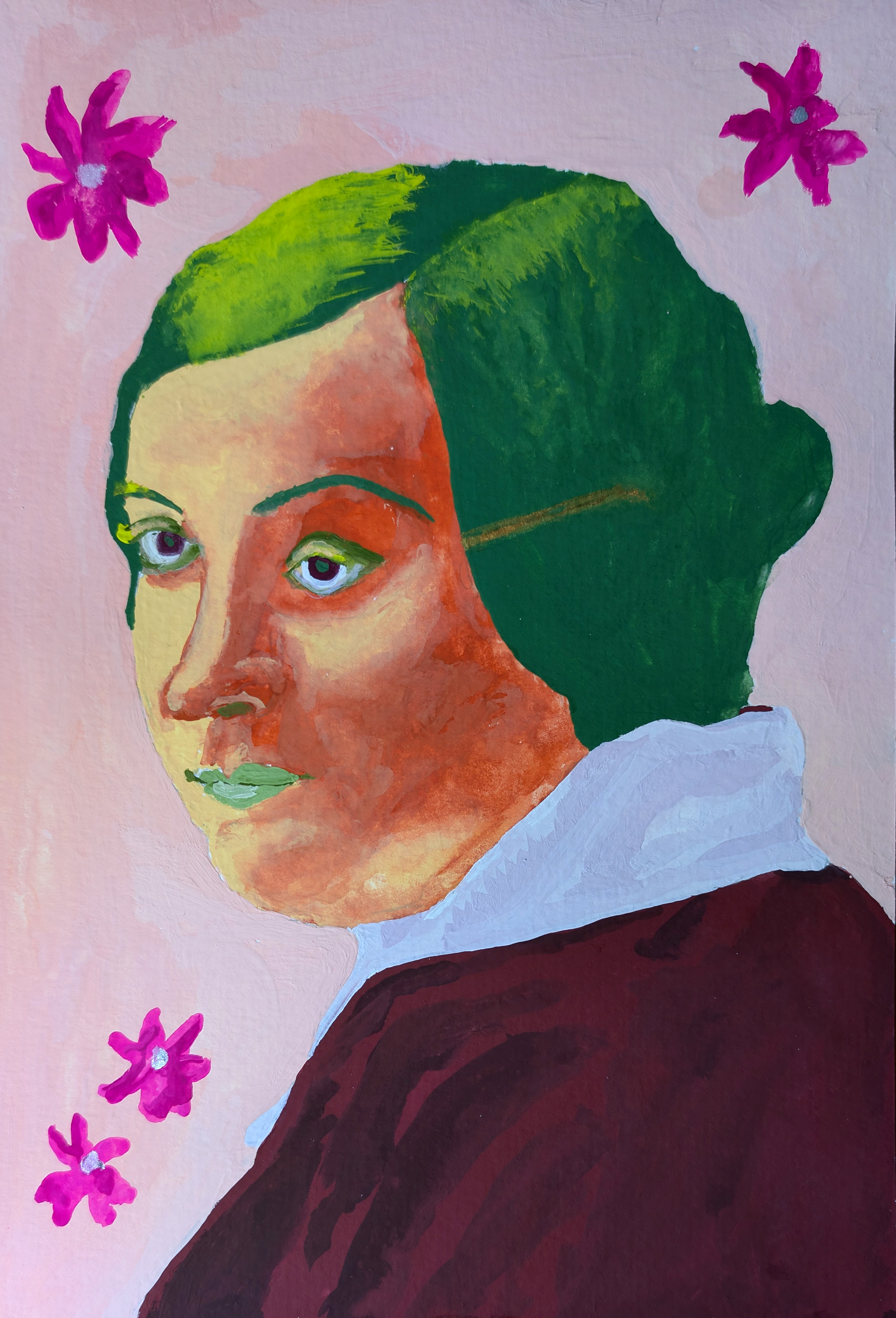 This portrait shows a young woman seen in three quarters profile so that she’s looking towards us over her left shoulder, with a pensive or melancholy expression.