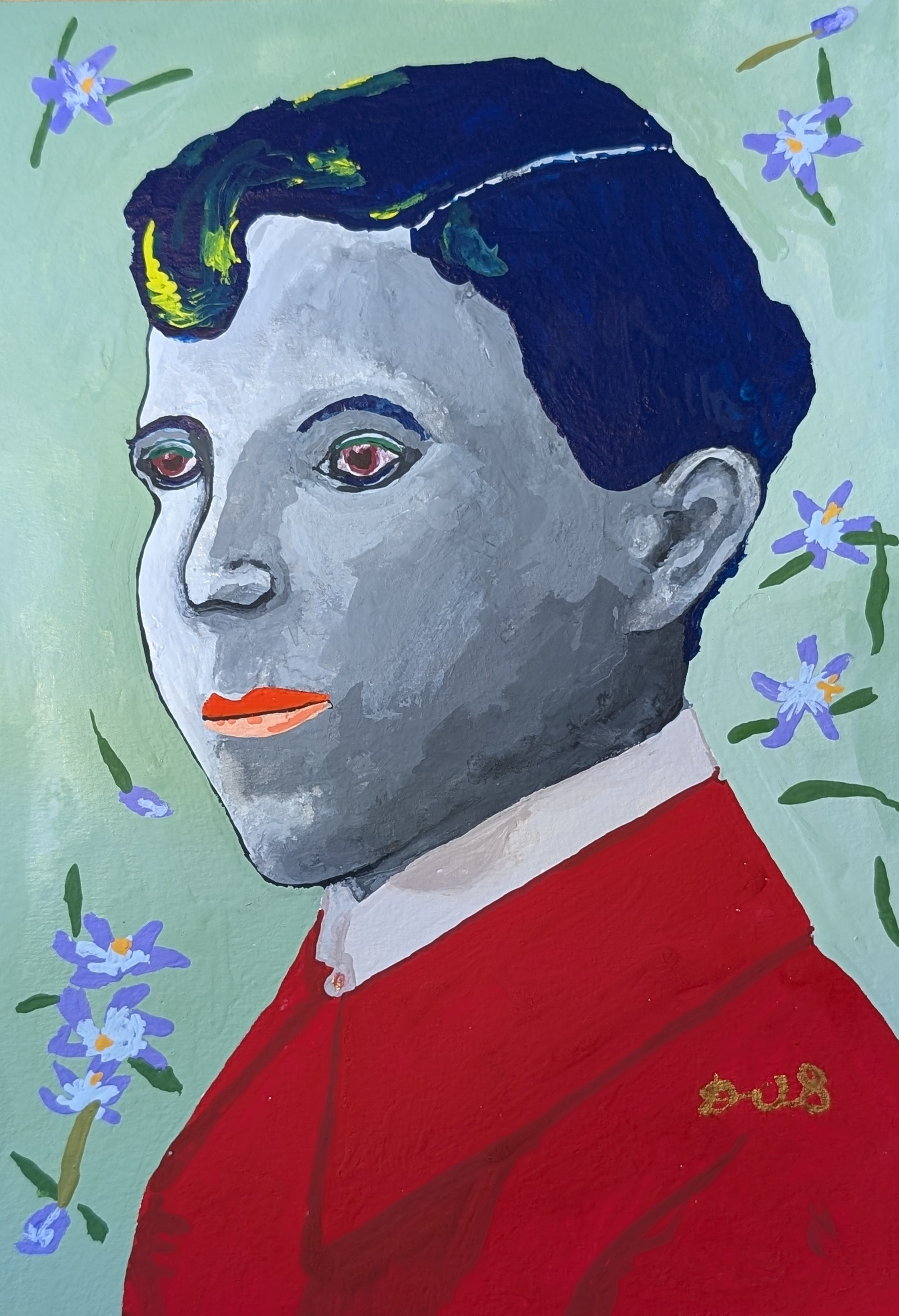 Portrait shows a young man in his late teens or early twenties, in three quarter profile. His full clean shaven face is painted in tones of grey and he has a small curved nose.