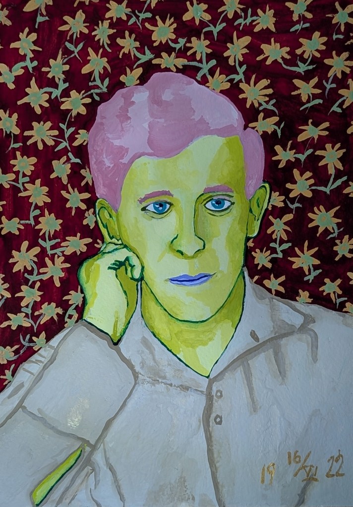 Portrait of a young man in his early twenties who gazes out towards the viewer but slightly off centre, with a pensive, disturbed expression. Shown from the chest up, he raises his right arm toward his cheek so that his head leans against his curled up hand.