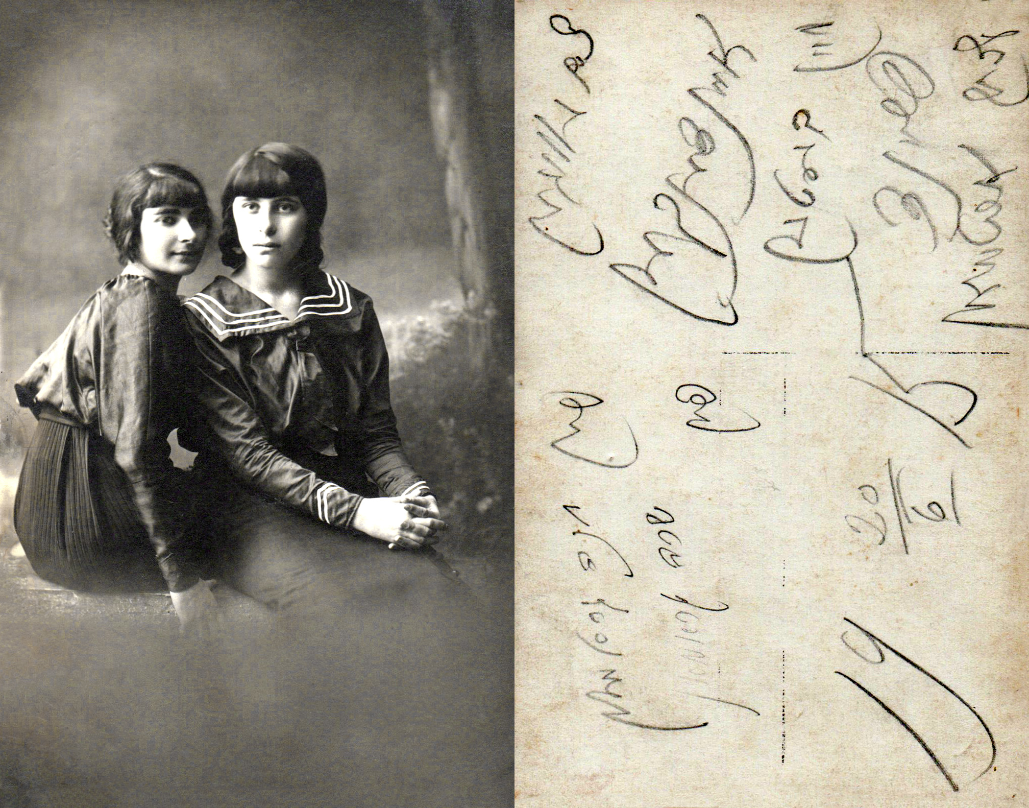 This photograph in sepia tones shows two light-skinned young women, my grandfather’s nieces, side by side, their heads nearly touching.