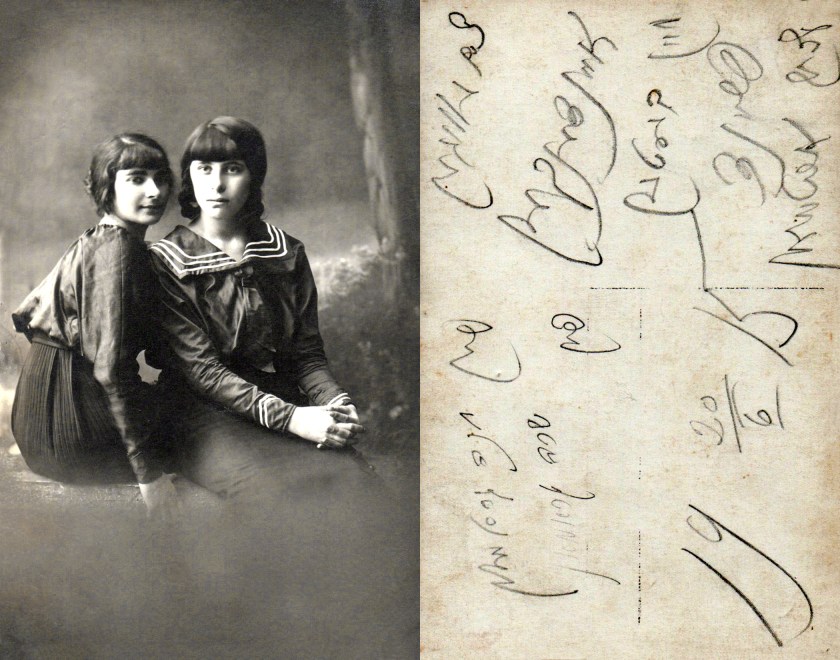 This photograph in sepia tones shows two light-skinned young women, my grandfather’s nieces, side by side, their heads nearly touching.