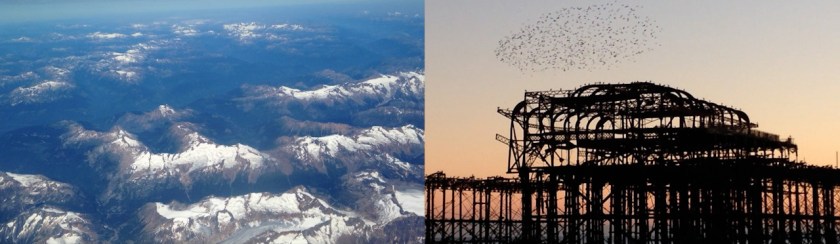 Split-screen still from flying & floating: an aerial view of snow-covered mountains on the left and the skeletal remains of a seaside pier at sunset on the right, with a flock of birds above it.