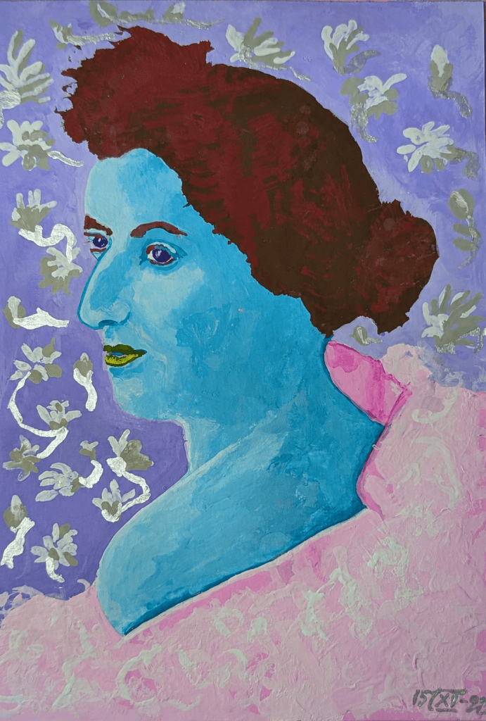 Gouache portrait of a woman with turquoise skin, maroon hair and a pink-and-white feather wrap against a lilac background with pale blossoms.