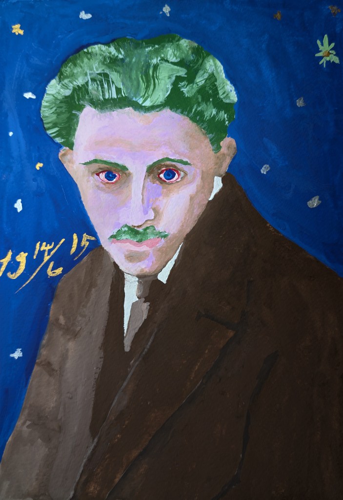Gouache portrait of a young man with a pale-purple face, dark-green hair and moustache, against a deep-blue background patterned with stars.