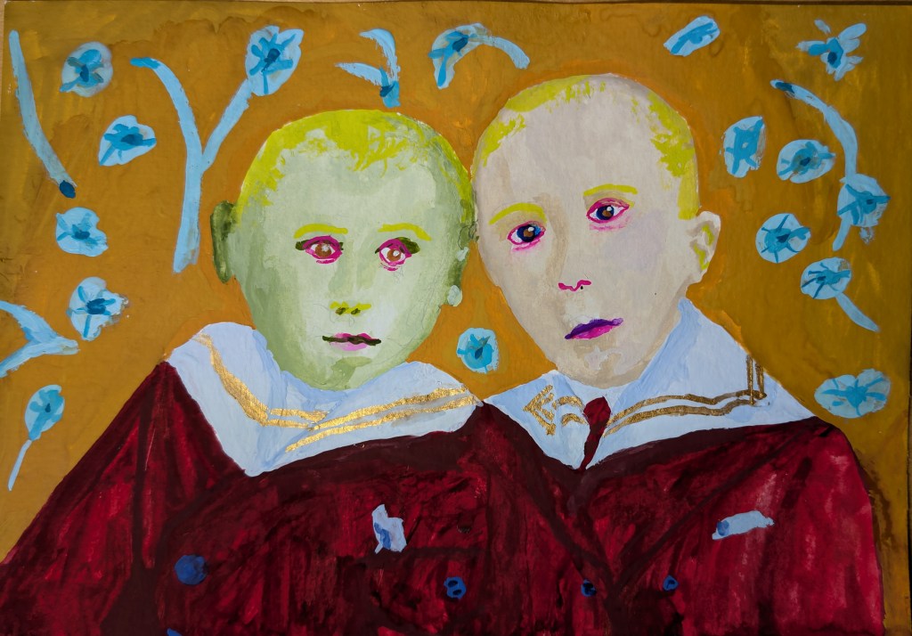 Gouache double portrait of two young boys in sailor suits with their heads resting together, against a gold floral background.
