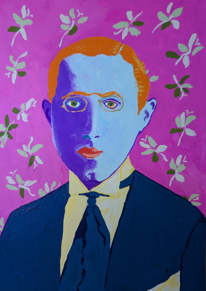 Gouache portrait of a young man with a turquoise-and-purple face, orange hair and gold pince-nez against a bright-pink floral background.